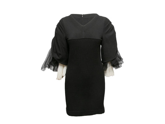 Black & White Chanel Ribbed Tulle-Accented Mini Dress Size FR 42