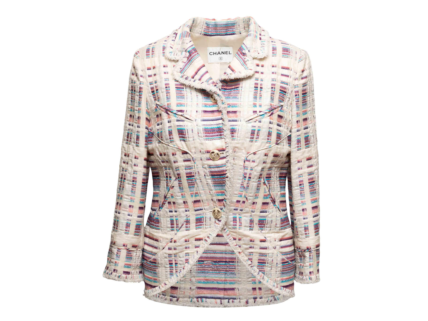 White & Multicolor Chanel Wool-Blend Striped Blazer Size US M