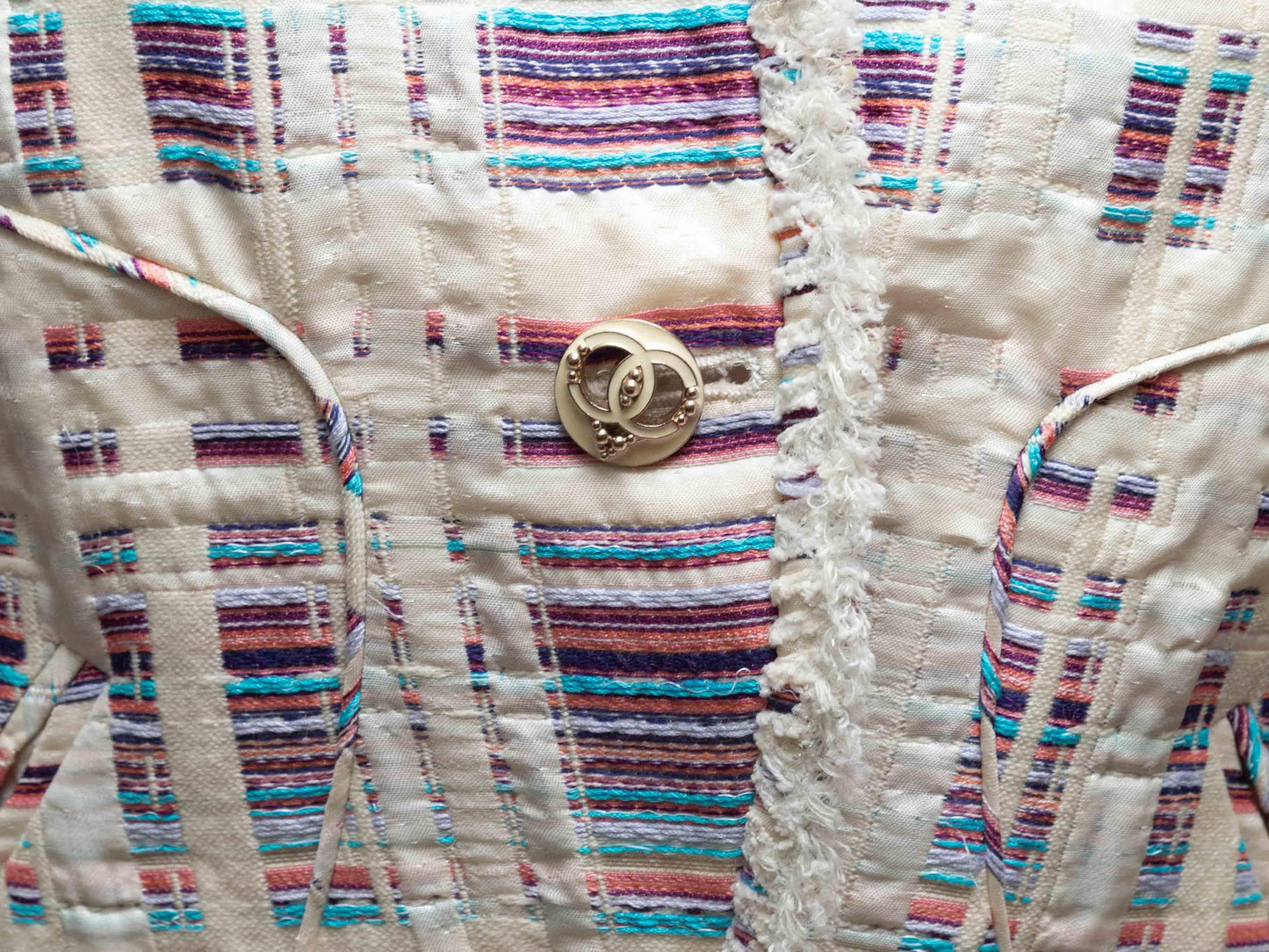 White & Multicolor Chanel Wool-Blend Striped Blazer Size US M