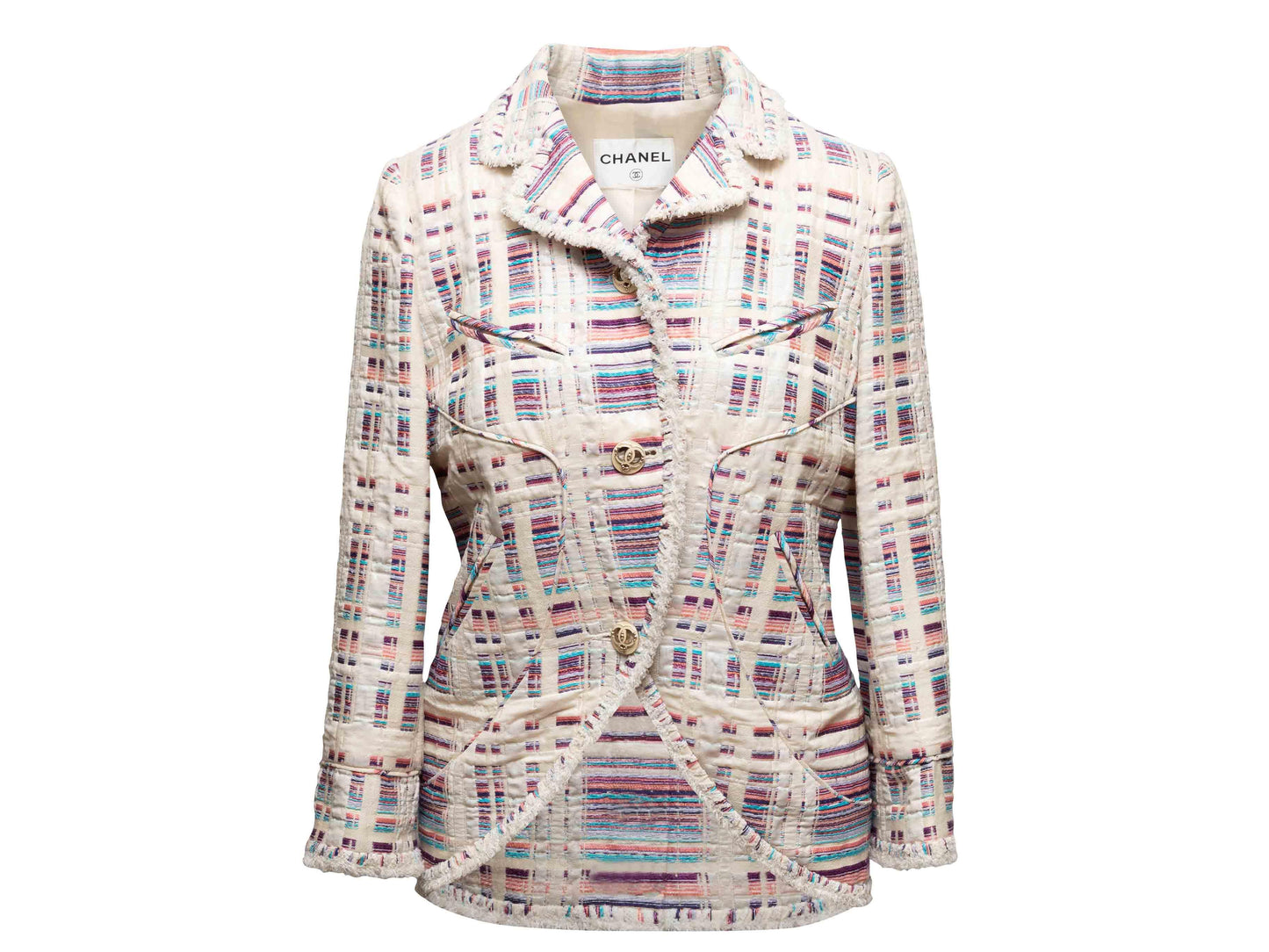 White & Multicolor Chanel Wool-Blend Striped Blazer Size US M