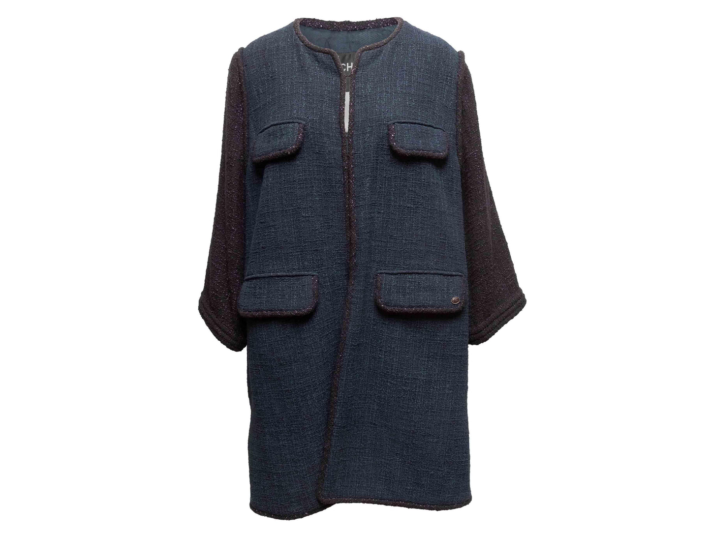 Navy & Black Chanel Cotton Tweed Cargo Coat Size FR 50