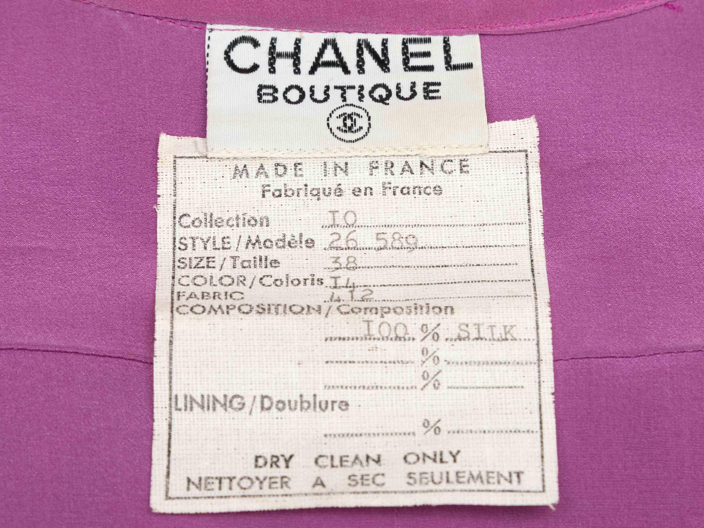 Purple Chanel Boutique Silk Button-Up Top Size FR 38