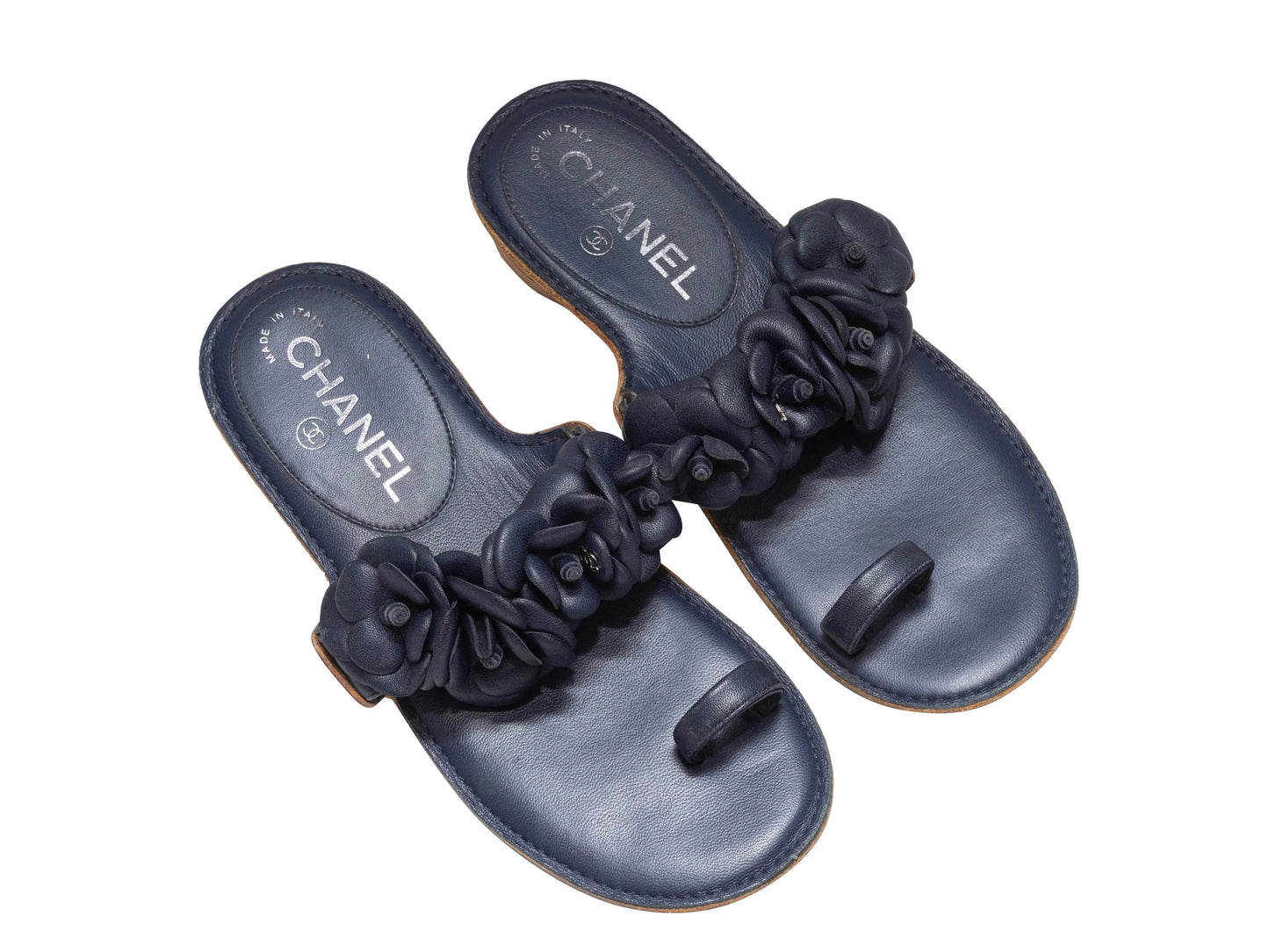 Navy Chanel Camellia Heeled Sandals Size 35
