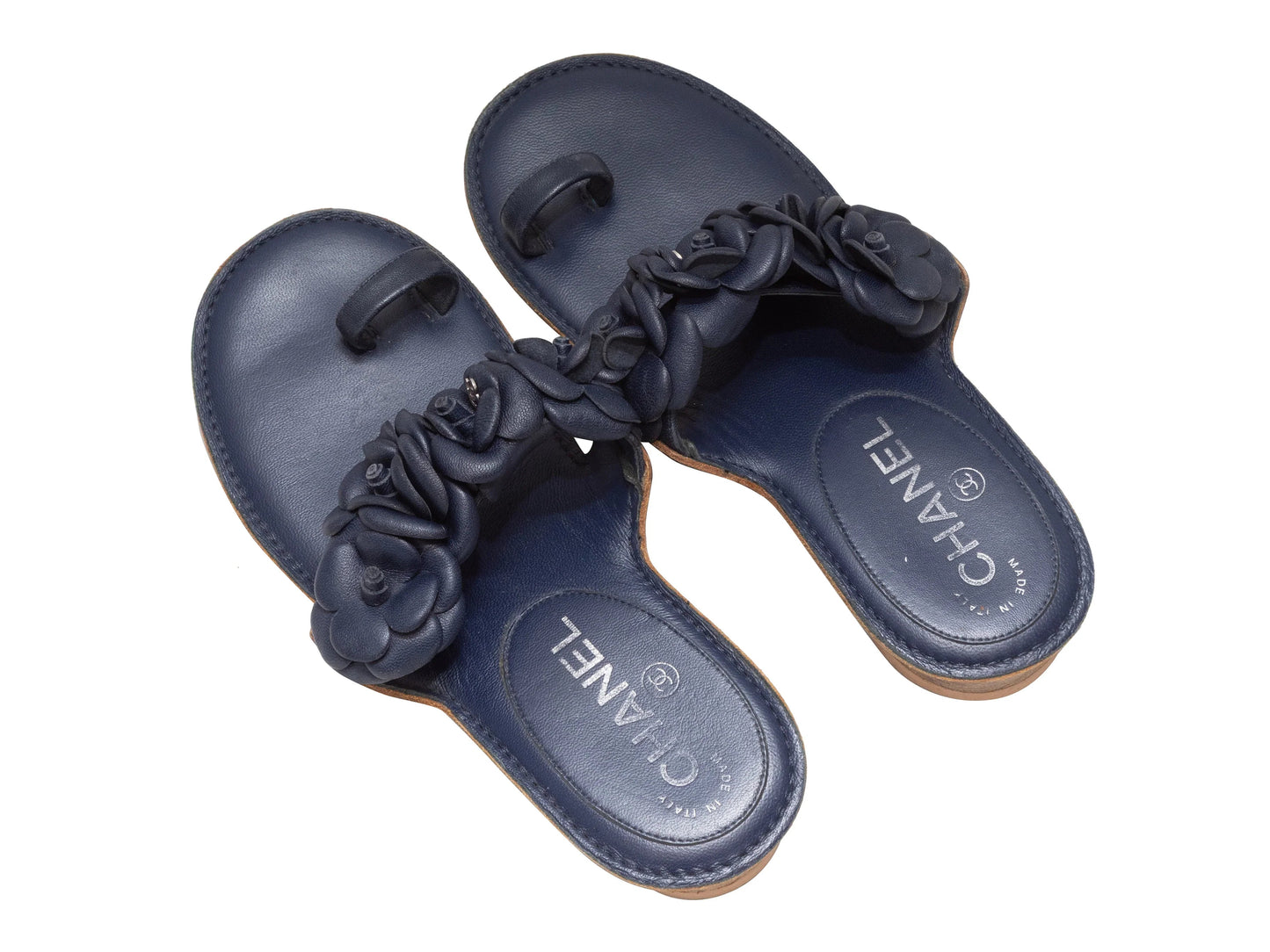 Navy Chanel Camellia Heeled Sandals Size 35