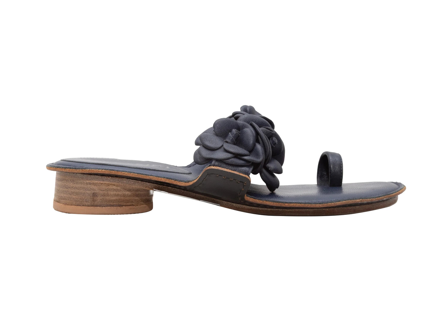 Navy Chanel Camellia Heeled Sandals Size 35