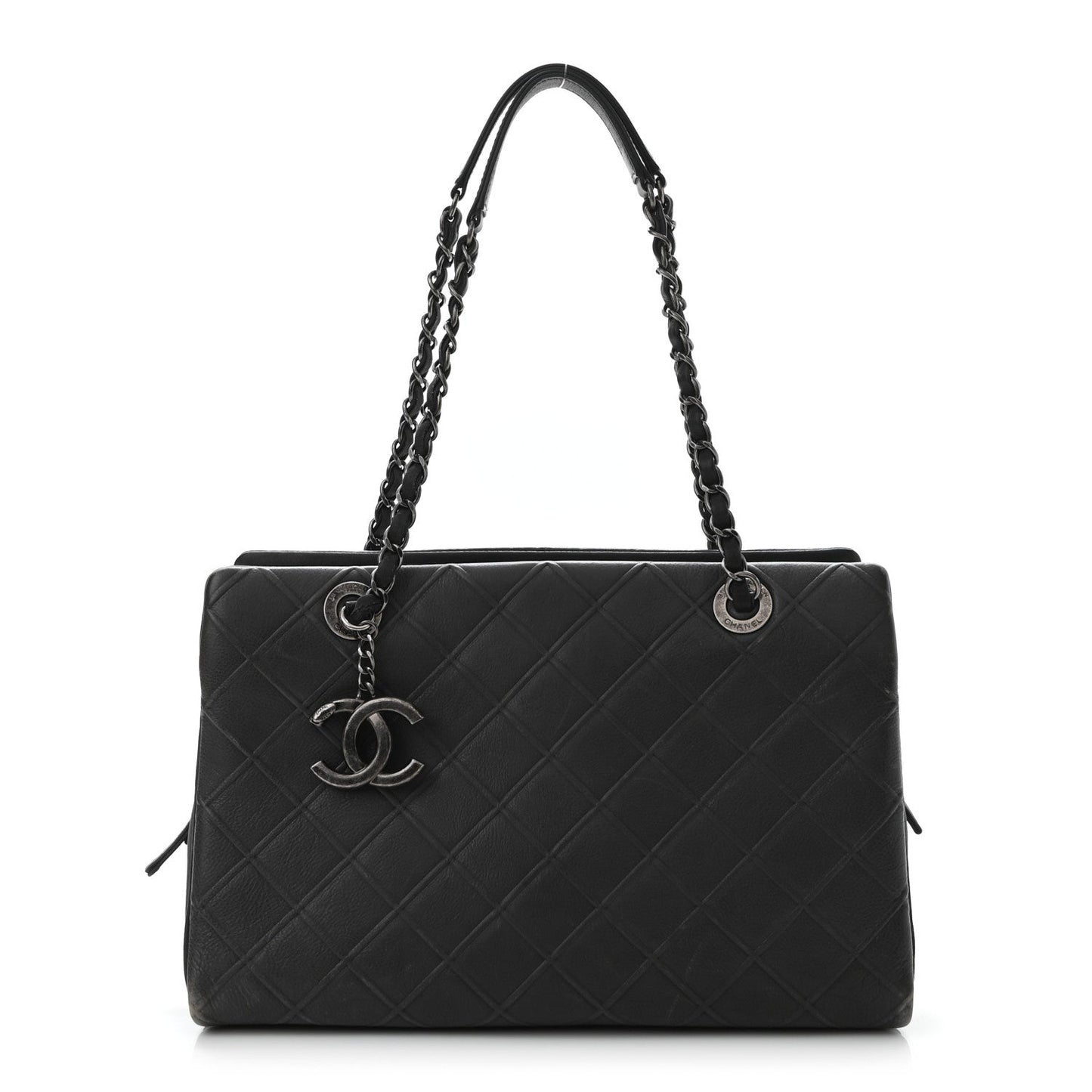 Chanel Calfskin Diamond Embossed Large CC Zip Shopping Tote Grey