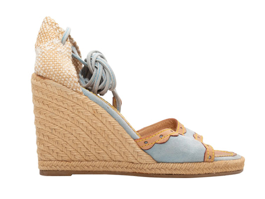 Light Blue & Tan Louis Vuitton Lace-Up Espadrille Wedges Size 39.5