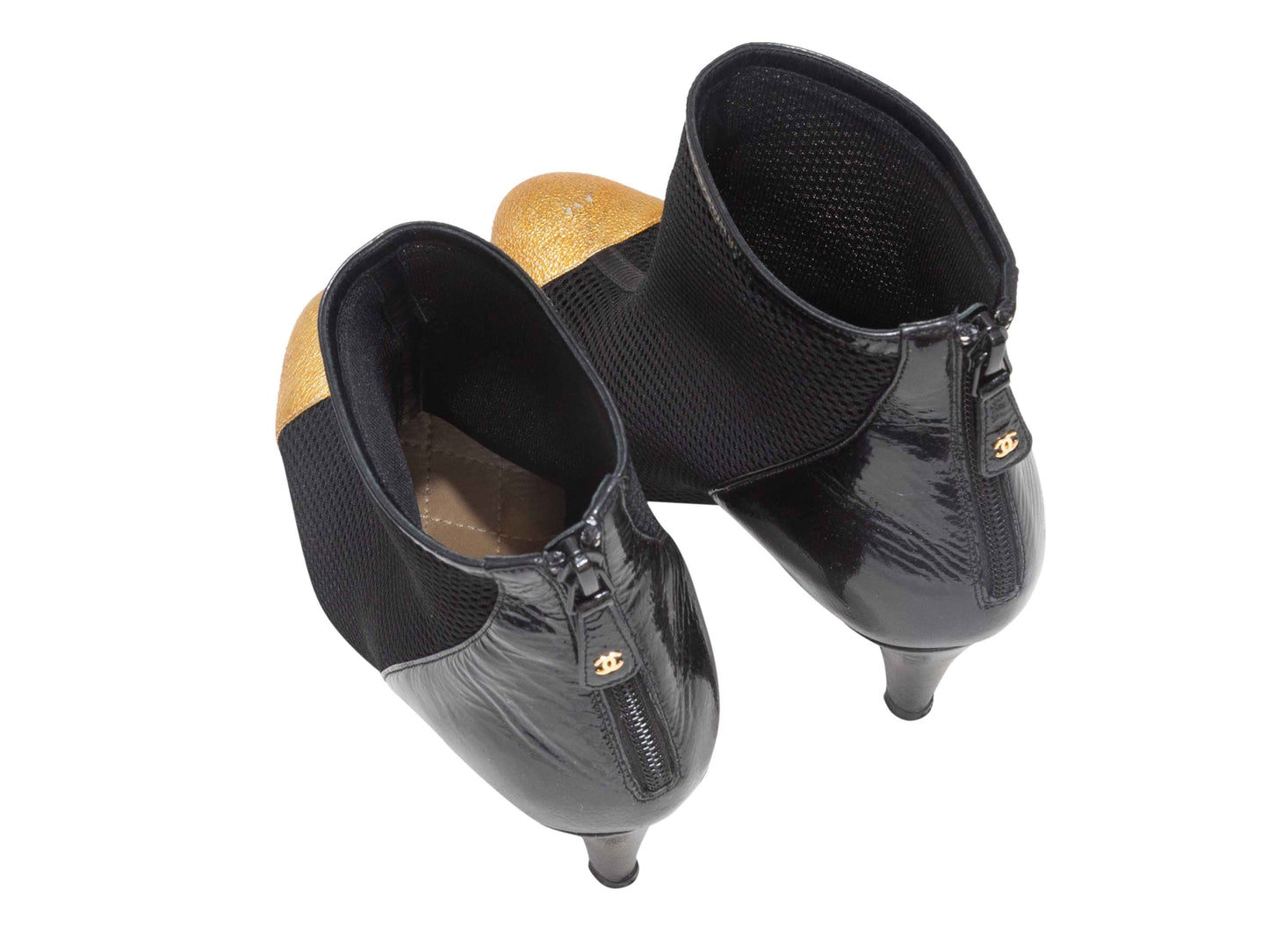 Black & Gold Chanel Cap-Toe Mesh & Patent Heeled Ankle Boots Size 39