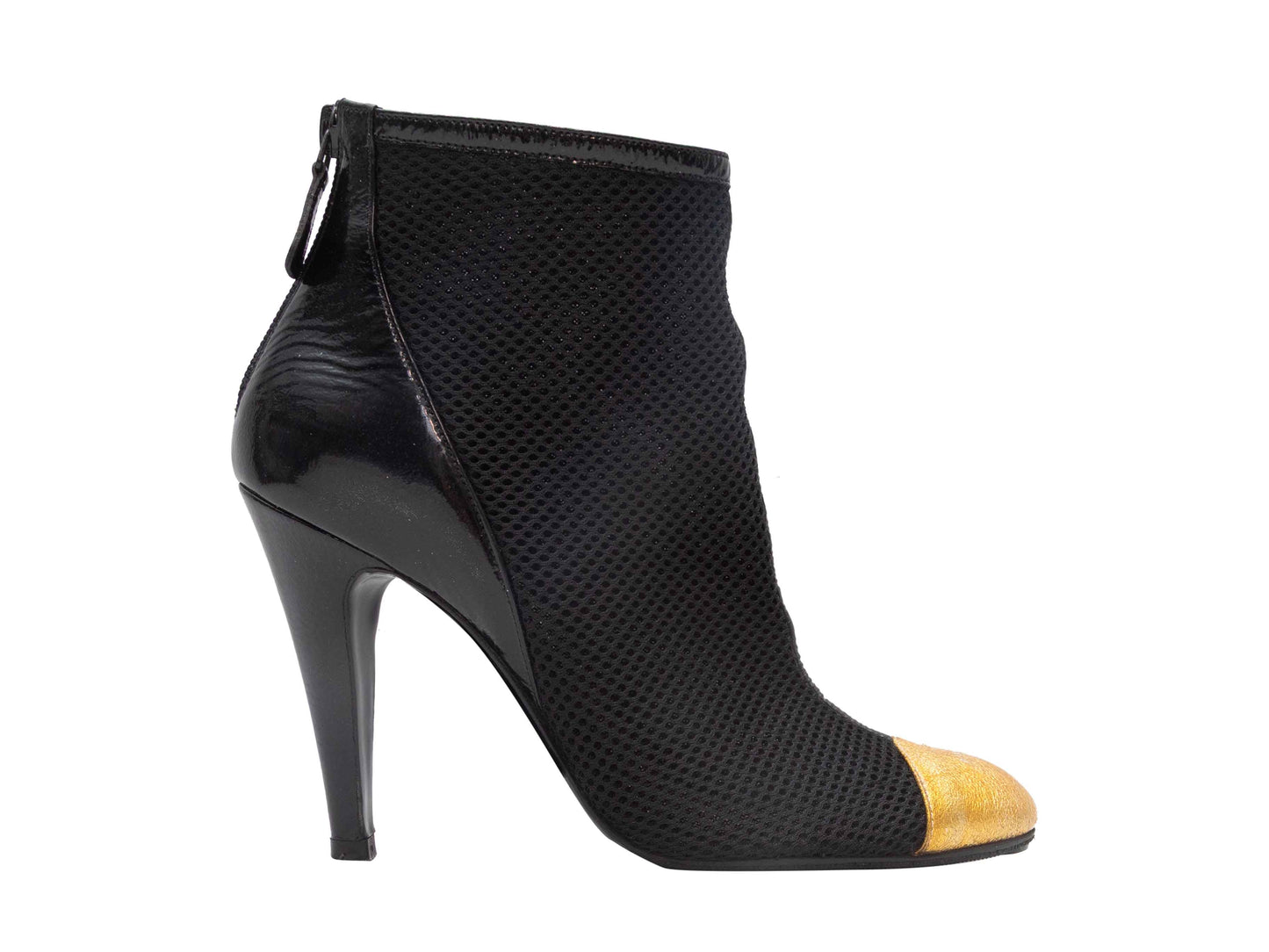 Black & Gold Chanel Cap-Toe Mesh & Patent Heeled Ankle Boots Size 39
