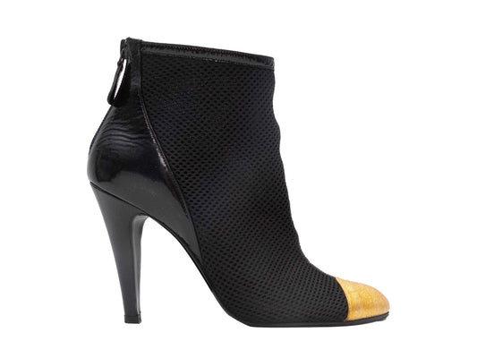 Black & Gold Chanel Cap-Toe Mesh & Patent Heeled Ankle Boots Size 39