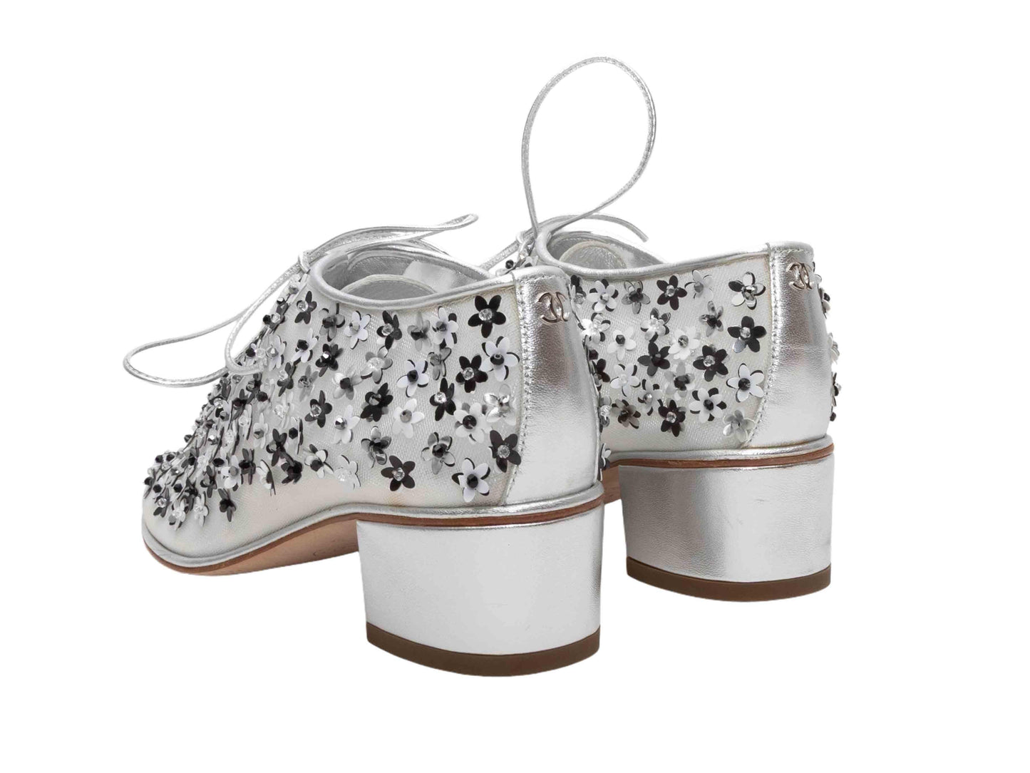 Silver & Black Chanel Floral Heeled Oxfords Size 35