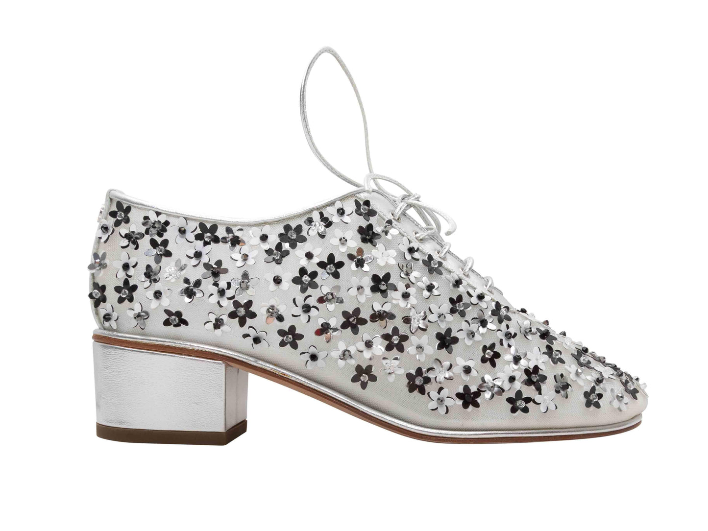 Silver & Black Chanel Floral Heeled Oxfords Size 35