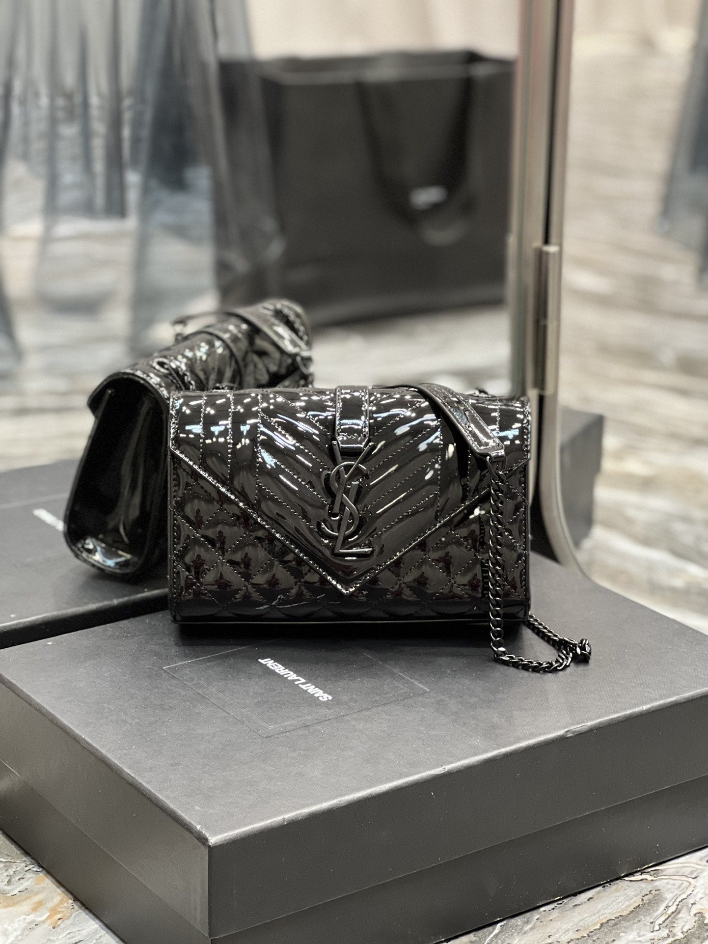 YSSL Envelope Small Bag Black In Mix Matelassé Grain De Poudre Embossed Material For Women 8in/21cm YSL
