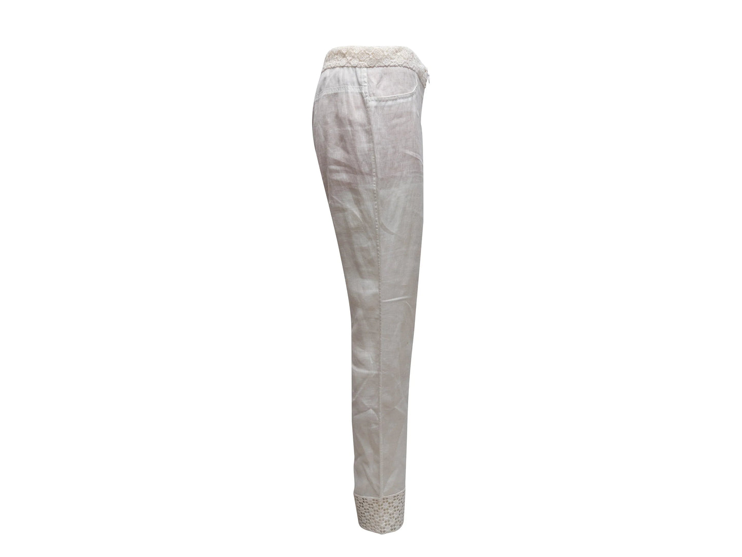 White Chanel Linen Lace-Trimmed Pants Size FR 42
