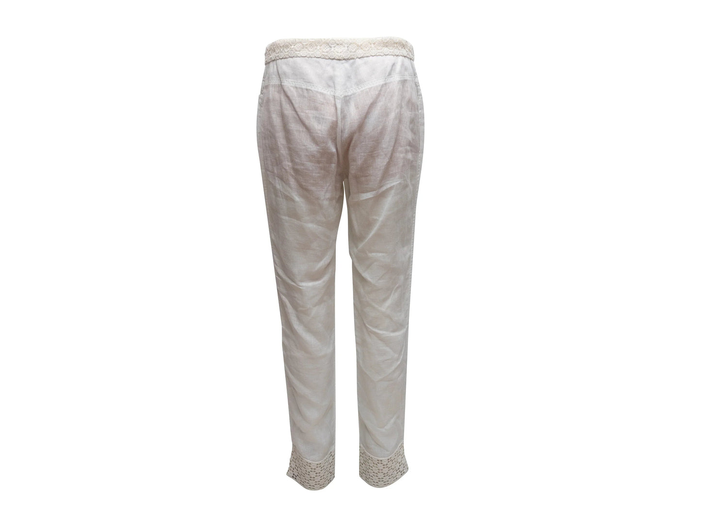 White Chanel Linen Lace-Trimmed Pants Size FR 42