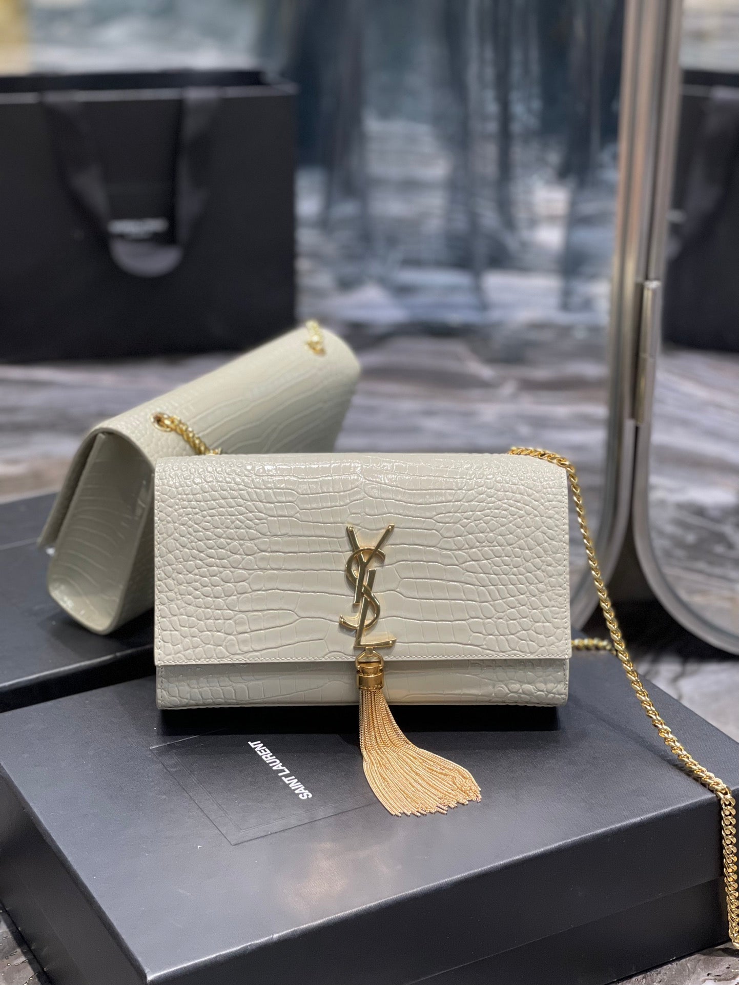 YSSL Kata Medium Chain Bag White  With Tassel For Women 9in/24cm YSL 354119DND0J9207
