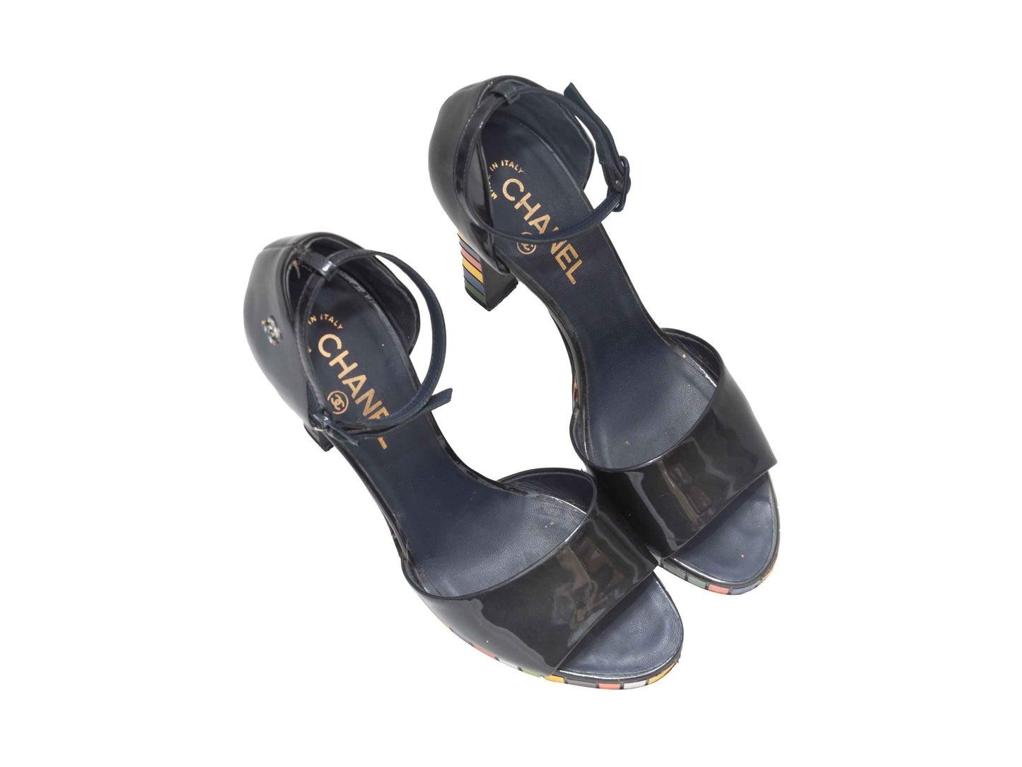 Black & Multicolor Chanel Colorblock Patent Heeled Sandals Size 39