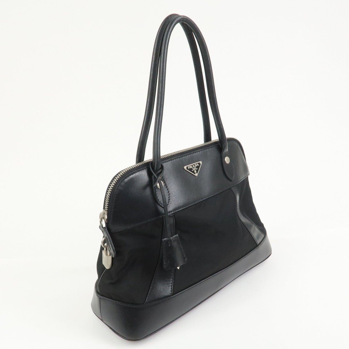 PRADA Triangle Logo Nylon Leather Shoulder Bag Hand Bag Black