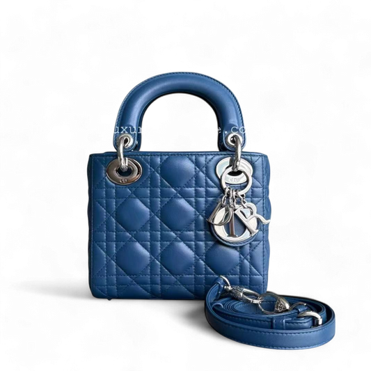 Dior Lady Mini Bag - Cannage Lambskin Blue Adjustable Strap Silver Hardware