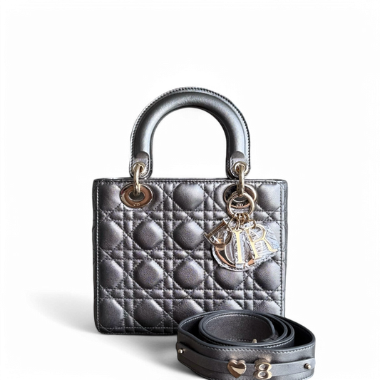 Dior Lady Small MyABC - Cannage Lambskin Metallic Dark Grey Gunmetal Gold Hardware ABC