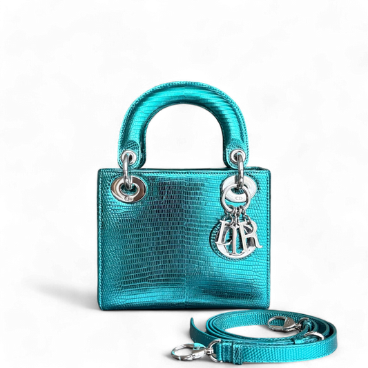 Dior Lady Mini - Exotic Lizard Skin Metallic Blue Green Silver Hardware Leather Strap