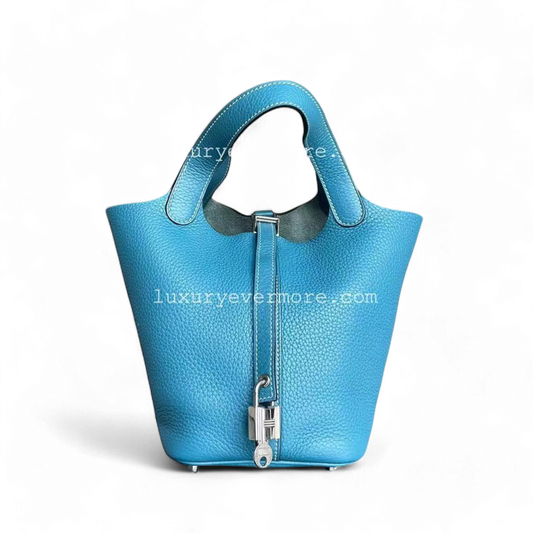 Hermes Picotin 18 - Blue Jean Mauve Pale Square R TC Clemence Silver Hardware