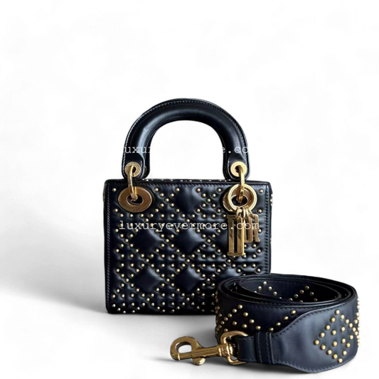 Dior Lady Mini Quilted Studded Lambskin Black Golden Hardware