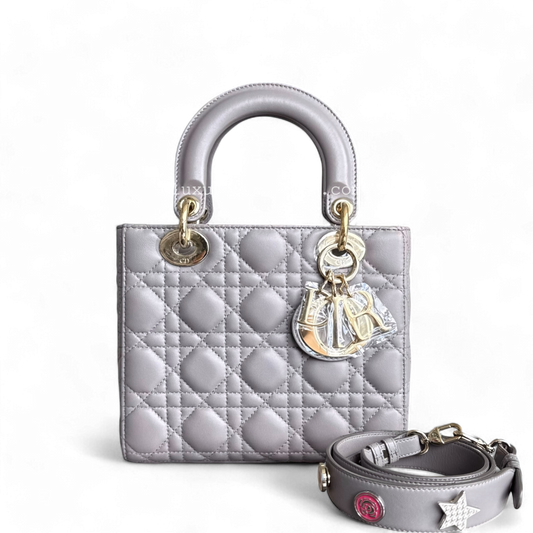 Dior Lady Small - Cannage Lambskin Grey Gray Gold Hardware with Charms