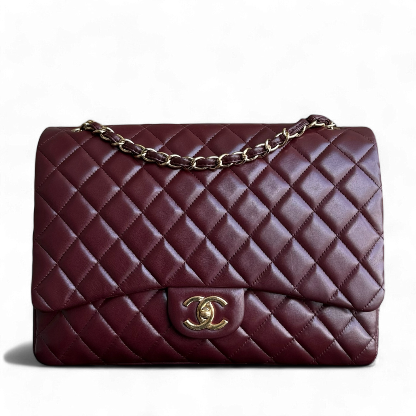 Chanel Classic Flap Maxi - 33CM Double Flap Quilted Lambskin Burgundy Gold Hardware Series 16