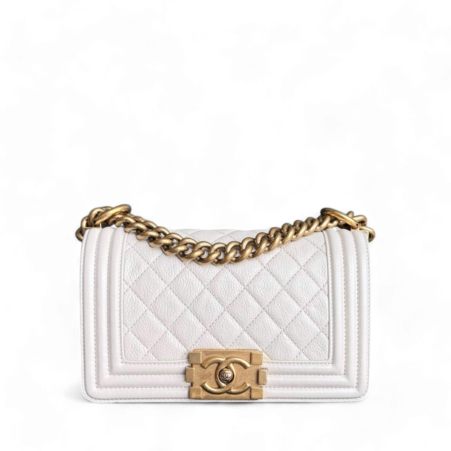 Chanel Boy Small - Grained Calfskin Quilted Cream White Gold Hardware Series 20