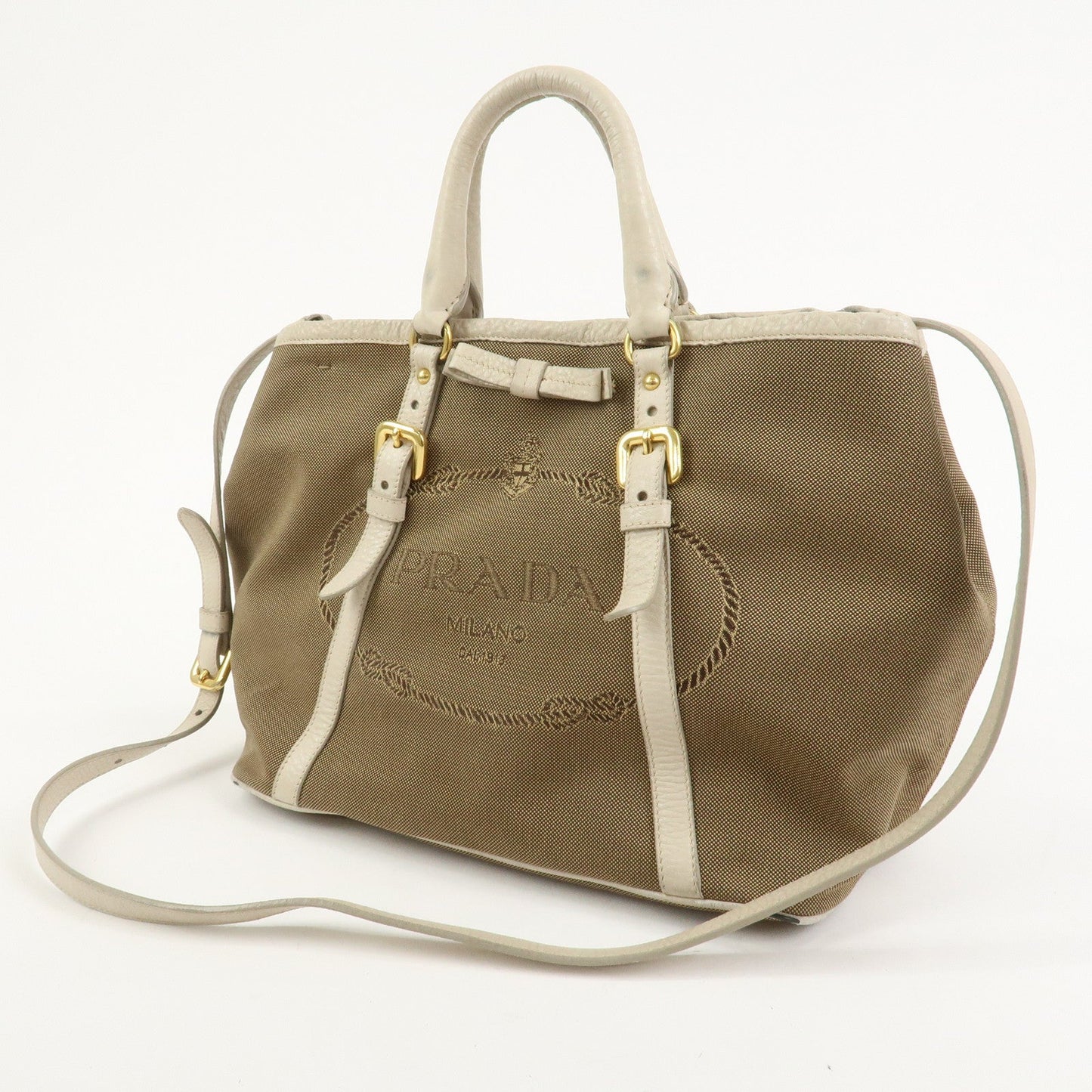 PRADA Logo Jacguard Leather 2Way Tote Bag Brown Ivory BN1841