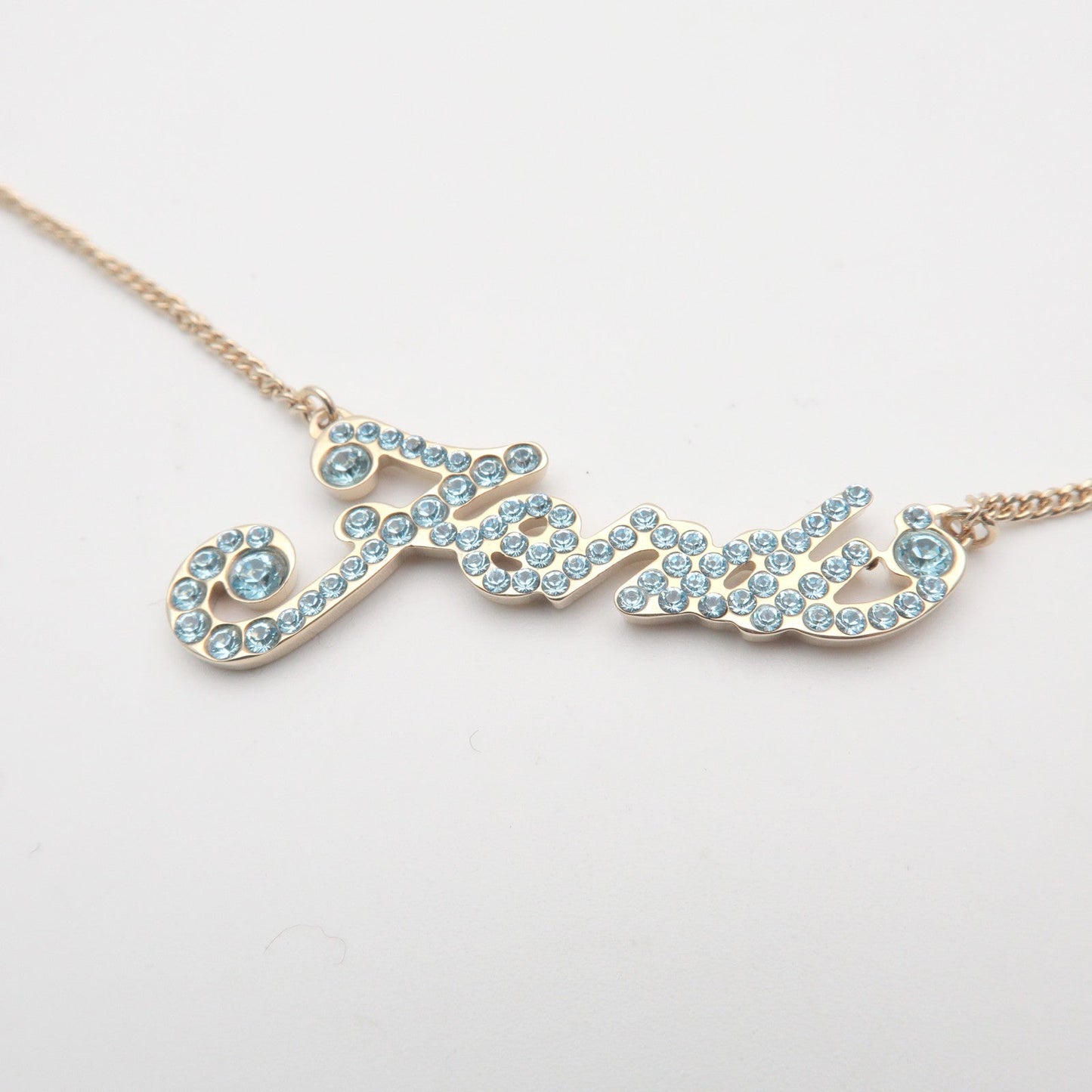 FENDI Logo Metal Rhinestone Necklace Gold Light Blue