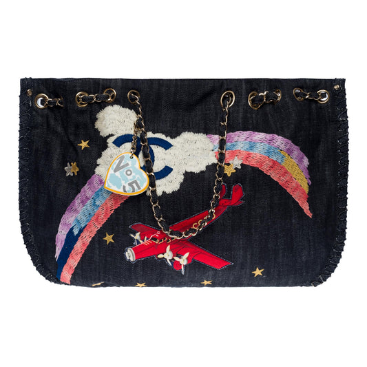 CHANEL Collector "Airplane Rainbow" Tote bag in Blue Denim, SHW