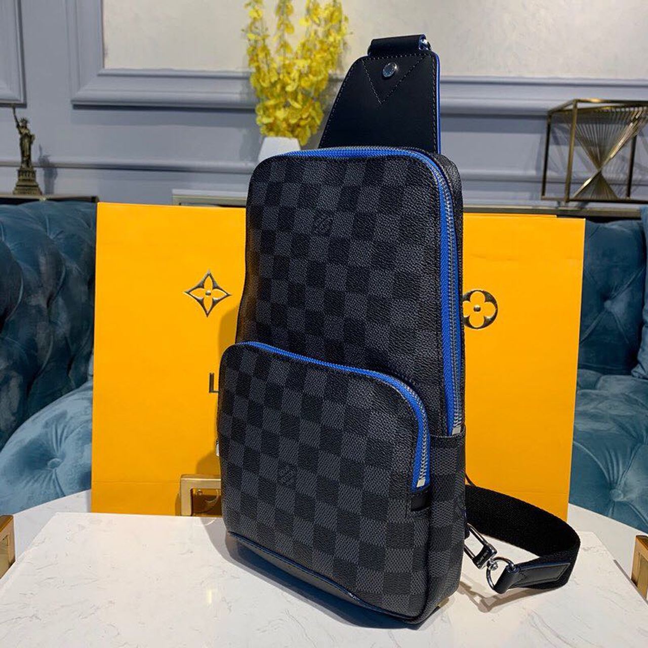 Top Quality Avenue Sling Bag Damier Graphite Canvas Blue For Men, Bags, Crossbody Bags 12.2in/31cm Top Quality N40008