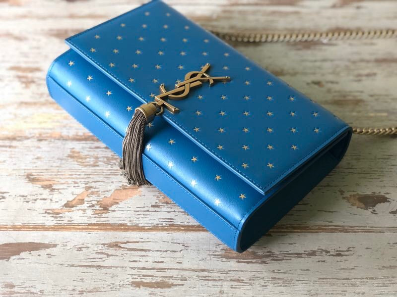 YSSL Kate Medium Chain Bag With Star Pattern Blue For Women 9in/24cm YSL