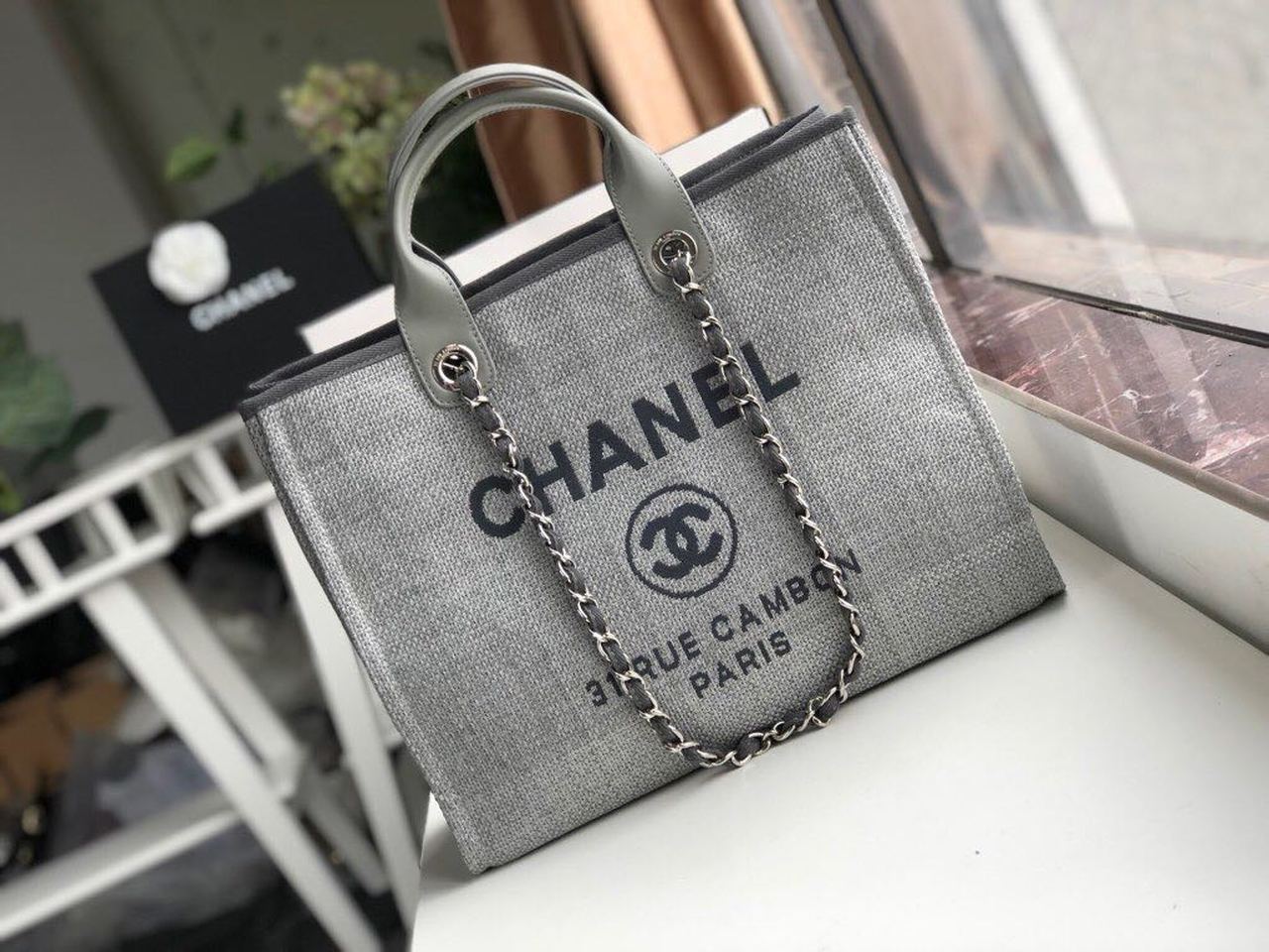 CHLSmall Shopping Bag Silver Hardware Grey For Women Handbags, Shoulder Bags 15.2in/39cm AS3257