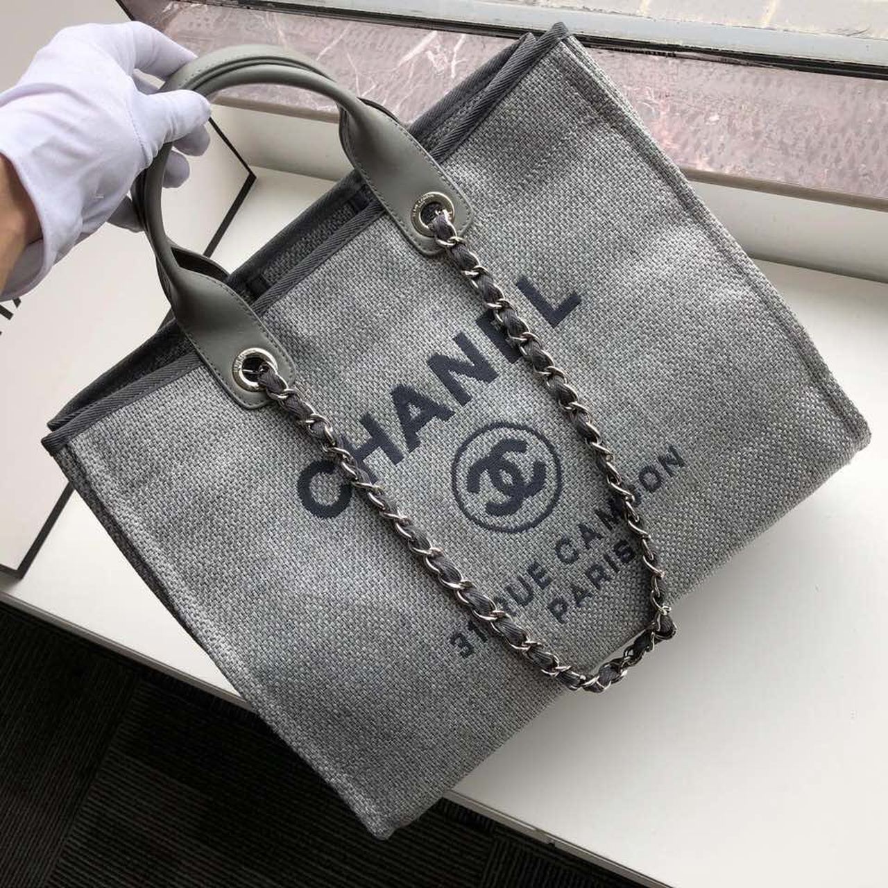 CHLSmall Shopping Bag Silver Hardware Grey For Women, Women’s Handbags, Shoulder Bags 15in/39cm AS3257
