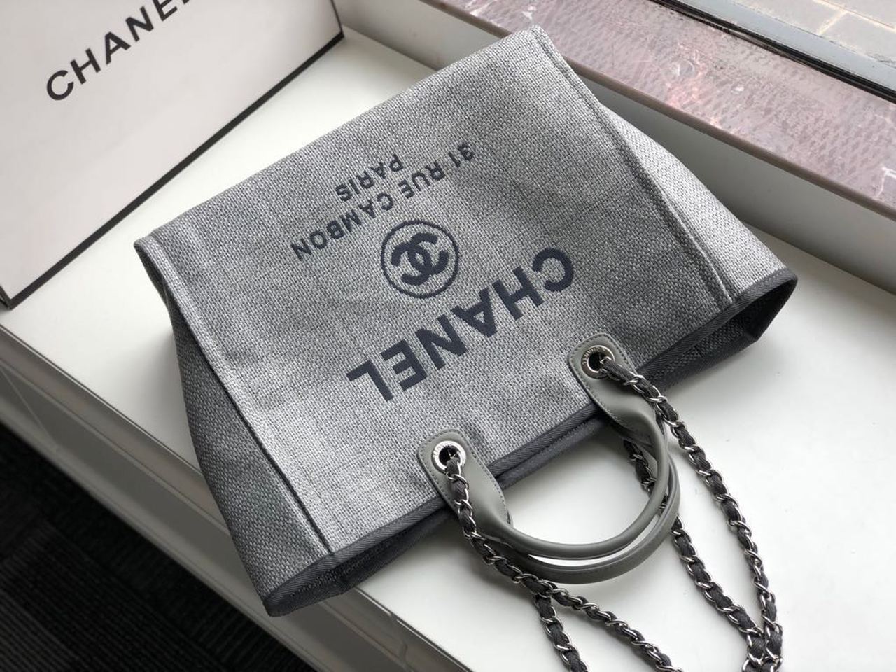 CHLSmall Shopping Bag Silver Hardware Grey For Women, Women’s Handbags, Shoulder Bags 15in/39cm AS3257