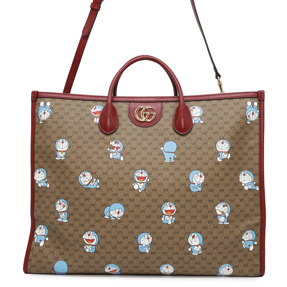 GUCCI ?Doraemon Collaboration Mini GG Supreme 2-way Tote Bag Brown/Red653952 Mini GG Supreme Canvas Leather