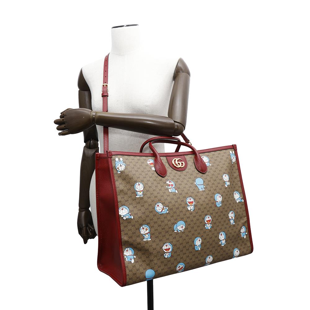 GUCCI ?Doraemon Collaboration Mini GG Supreme 2-way Tote Bag Brown/Red653952 Mini GG Supreme Canvas Leather