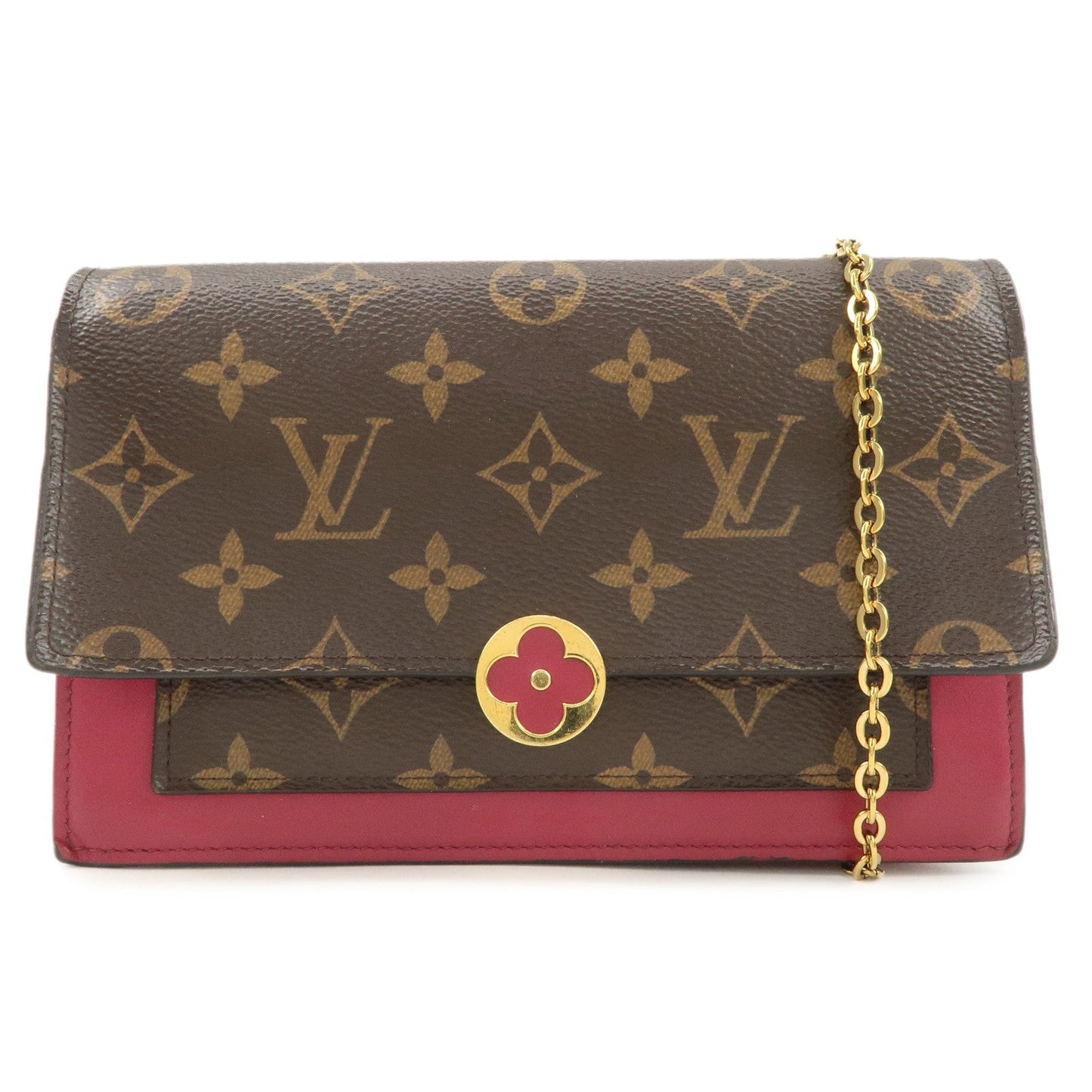 Louis Vuitton Monogram Leather Portefeuille Flore Chain Wallet Brown Pink M69578  d