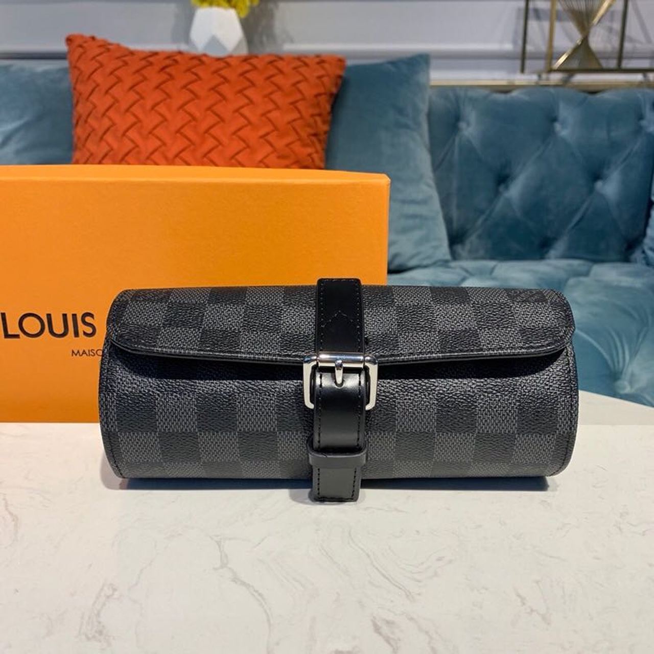 Top Quality 3 Watch Case Damier Graphite Canvas For Men, Bags, Travel Bags 7.9in/20cm Top Quality N41137