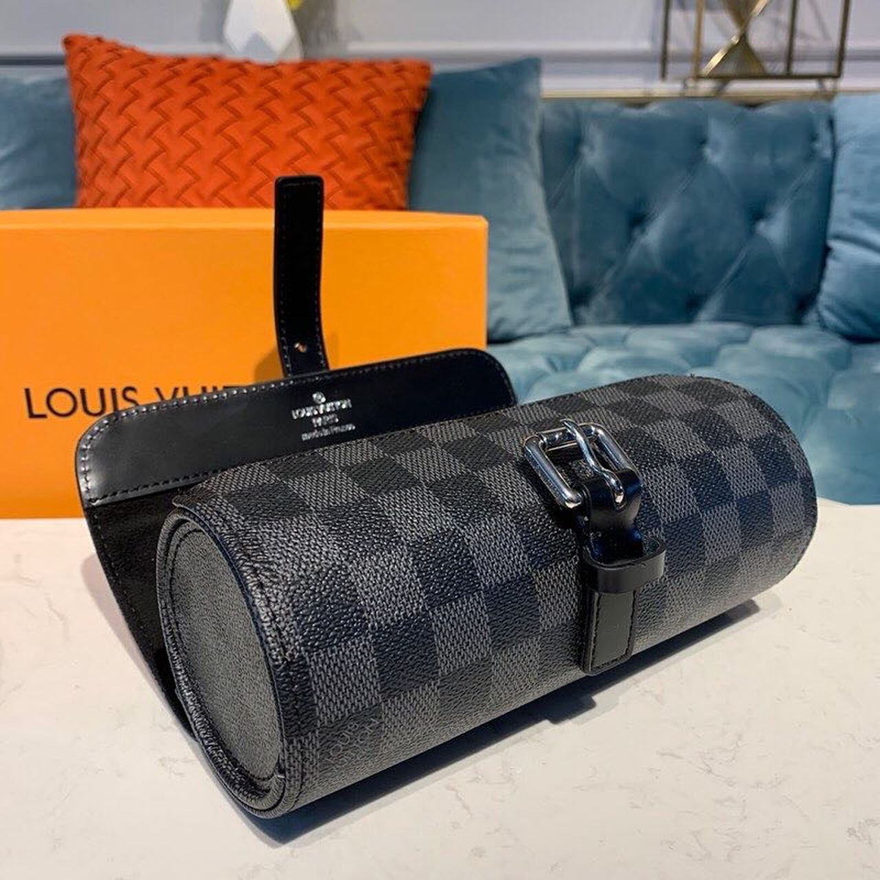 Top Quality 3 Watch Case Damier Graphite Canvas For Men, Bags, Travel Bags 7.9in/20cm Top Quality N41137