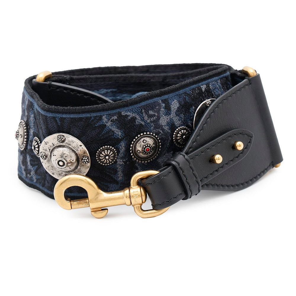Dior ?Medallion Embroidery Shoulder Strap BlueAY5626W3 Canvas Leather