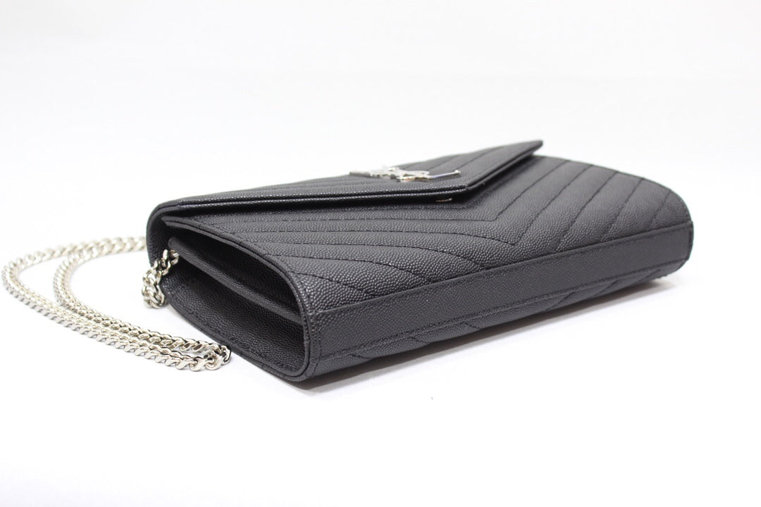 Top Quality Cassandre Matelassé Chain Wallet In Grain De Poudre Embossed Black For Women 8.8in/23cm YSL 377828BOW021000
