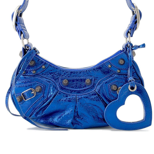 BALENCIAGA Luca Goal Shoulder Bag Metalic Blue671309 Leather Size XS
