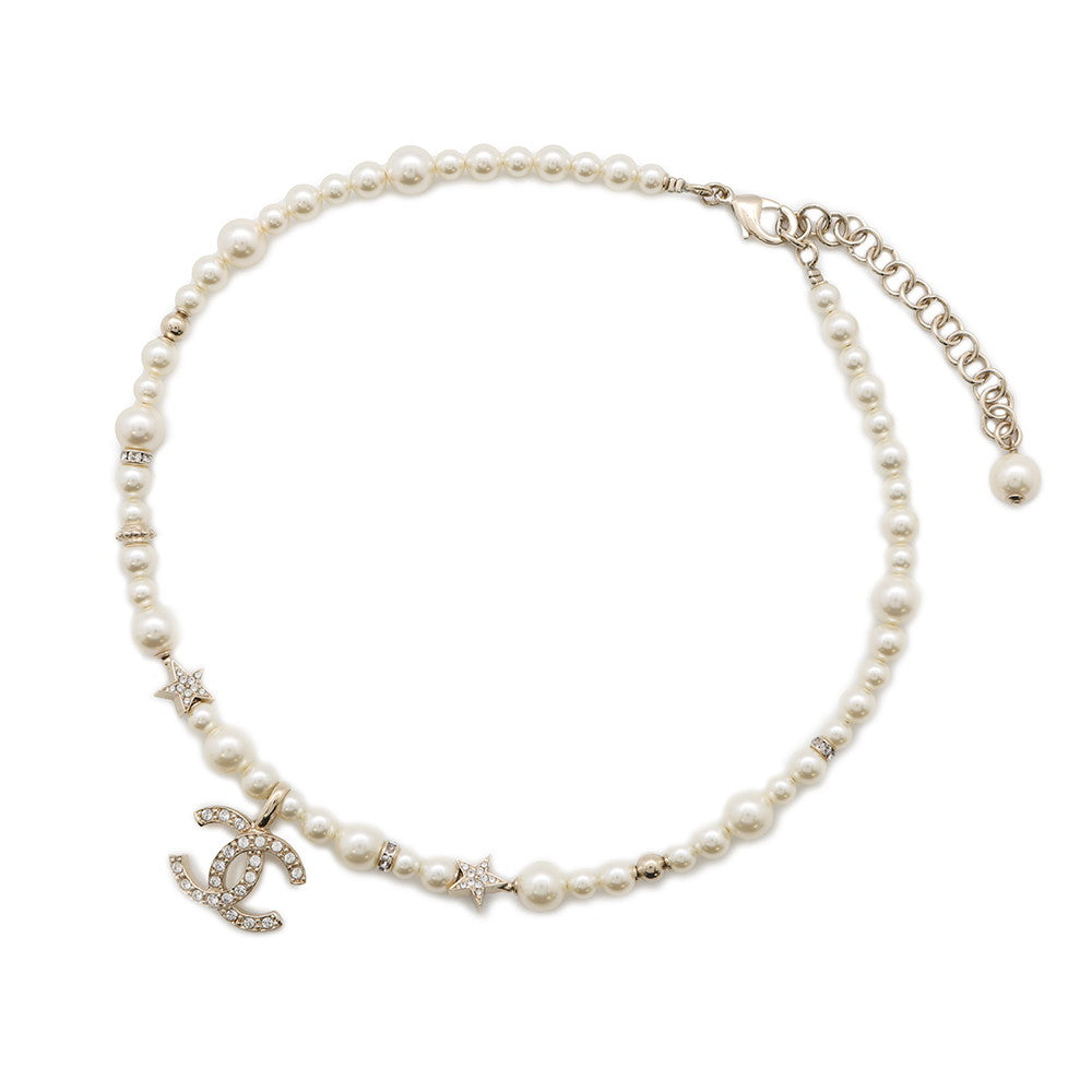 CHANEL CC Logo Star NecklaceABB256 Gold Plated Rhinestone Faux Pearl