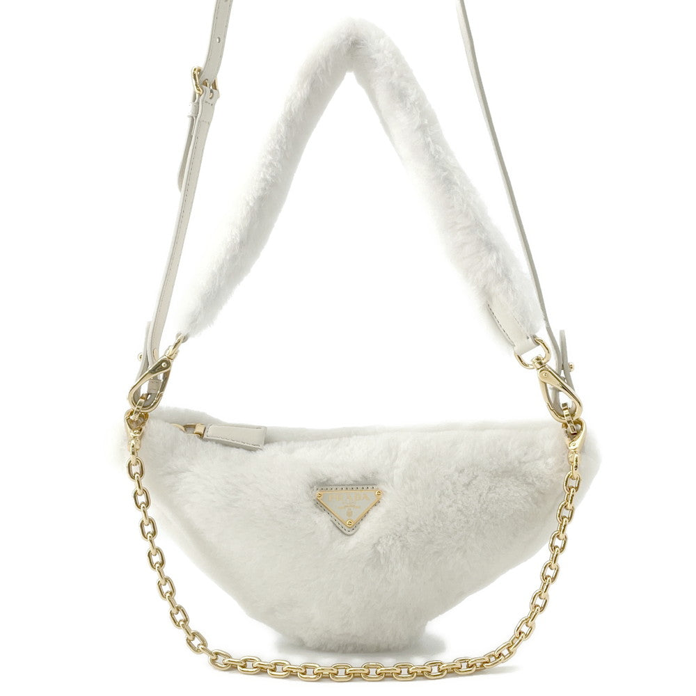 PRADA ?Triangle 2WAY Shoulder Bag White1BC543 Fur Leather