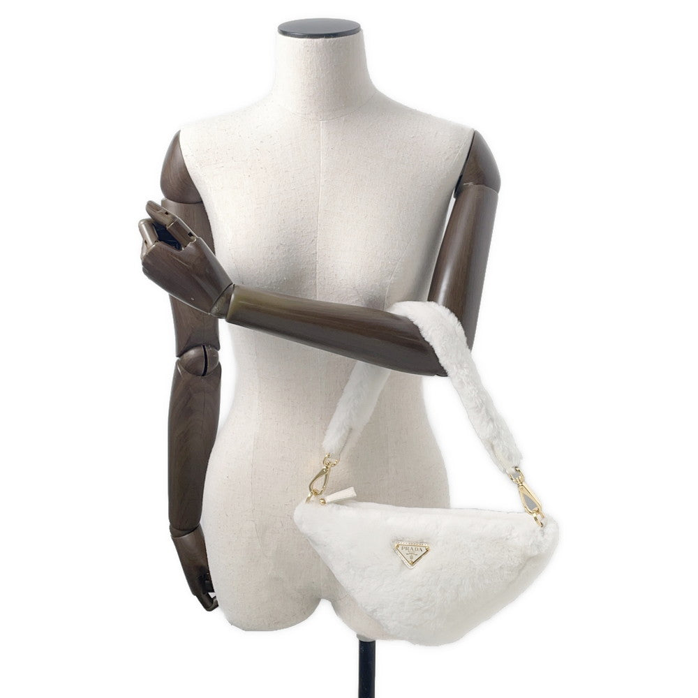 PRADA ?Triangle 2WAY Shoulder Bag White1BC543 Fur Leather