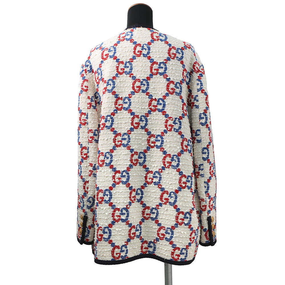 GUCCI ?GG No-Collar Jacket Size 42 Ivory/Multicolor569926 Tweed